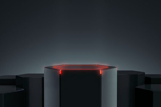 Elegant Blank product stand with light and glow. Hexagon platform for design. Pedestal for display. Futuristic concept background. 3D rendering
