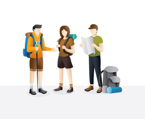 Group of traveler walking. Young woman and man group hiking in mountains. Cartoon character traveling people with backpacks. Climbing on mountain. Vector illustration hiking and climbing