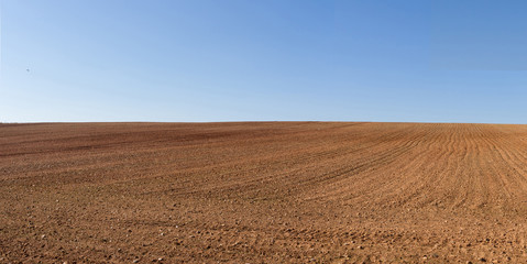 Vista panorámica de loma de  terreno agricola  arado recientemente y preparados para el cultivo y...