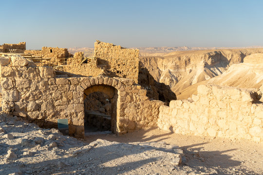 Sunrise from the top of Mount Masada in Israel near the Jordan border. Location of ancient Roman Israeli War, ending in mass suicide.