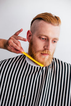 Hairdresser combing client's beard