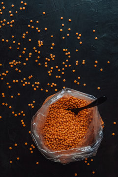 Red lentils in a plastic bag