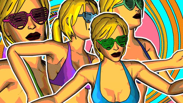 Seamless animation of caucasian bikini girls dancing.  Funny summer background cartoon hand drawn style isolated with alpha channel