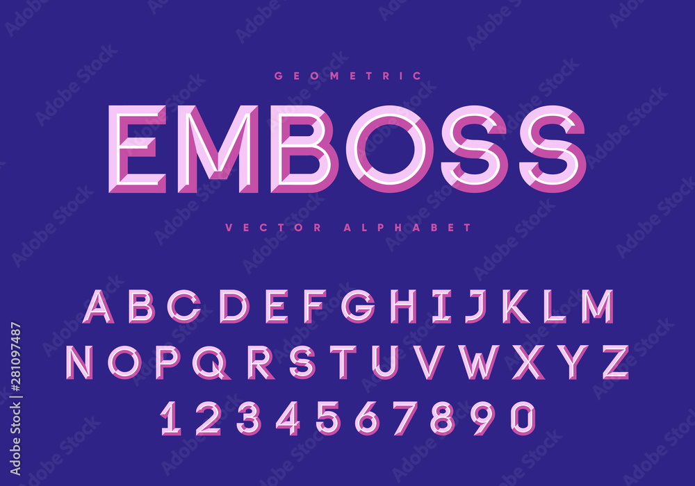 Aufkleber embossed font design. alphabet and numbers. esp10 vector.