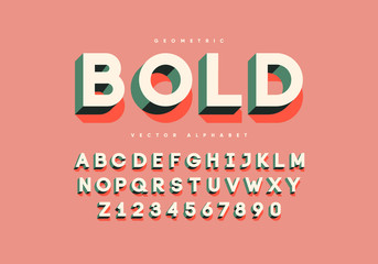 Bold retro font with numbers. Trendy 3d alphabet. Eps10 vector. - obrazy, fototapety, plakaty