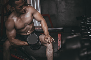 Portrait of asian man big muscle at the gym,Thailand people,Workout for good healthy,Body weight...