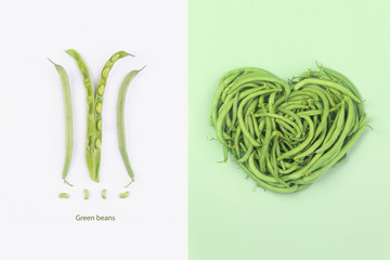 Creative layout made of heart of green beans on green background