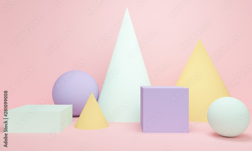 Poster geometric pink abstract background with cone, ball and square. minimalist backdrop design for produc