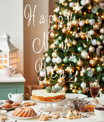 Christmas table greeting card, Christmas greeting card template, Christmas table with home treats in the kitchen on Christmas Eve
