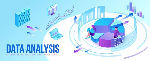 Data analysis center, business people analyze diagram, kpi analytics, digital technology in finance, artificial intelligence concept, big research isometric illustration, teamwork 3d background