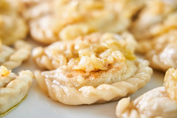 Fried dumplings stuffed with meat carmelized onion on white plate