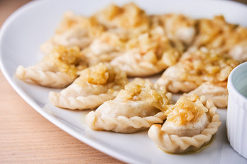 Fried dumplings stuffed with meat carmelized onion on white plate