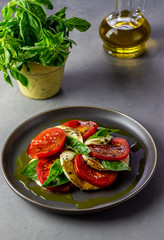 Italian caprese salad with mozzarella and tomatoes. Concrete background. Healthy food.