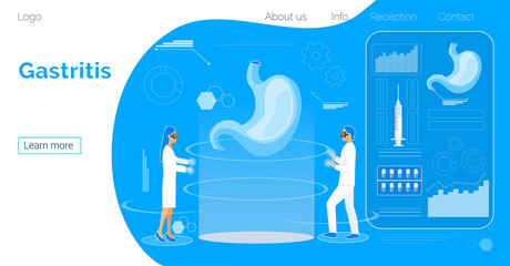 Gastroenterology landing page vector. Flat tiny doctor making stomach pupming in hologram space. Ulcer, pneumatosis, atony, gastriris, dysbacteriosis, pancreatitis, colitis, duodenitis concept.