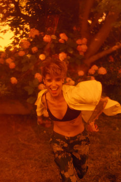 Beautiful woman running funny
