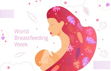 Beautiful mom is breastfeeding her newborn baby. Trendy fliud waving hair. Flat concept vector of World Breastfeeding Week in August for flyer, banner, landing page.