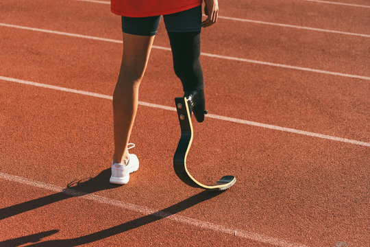 Close Up Disabled Man Athlete With Leg Prosthesis.