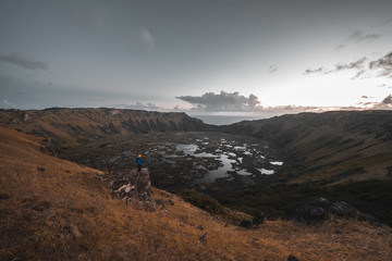 Sunset on the top of Rano Kao volcano, Easter Island, Chile