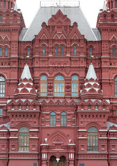 Fototapeta na wymiar Vintage architecture red brick classical facade in.pseudo-Russian style. Front view close up
