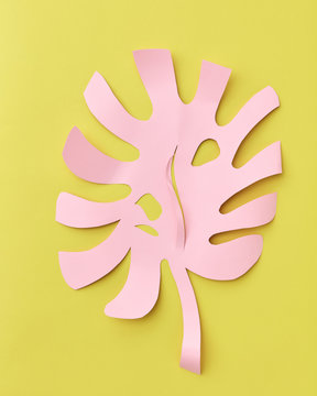 Pink Leaf Of Tropical Plant Monstera Cut From Paper On A Yellow