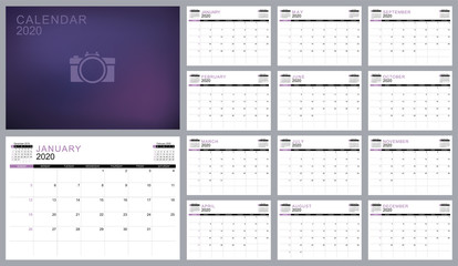 Calendar planner 2020, template design. Week Starts on Sunday. Set of 12 Months and covers, vector illustration EPS 10