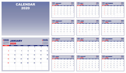 Calendar planner 2020, template design. Week Starts on Sunday. Set of 12 Months and covers in blue, vector illustration EPS 10