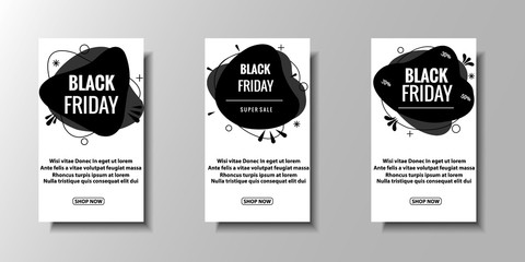 Set of modern abstract vector banners for black friday sale.  Flat geometric shapes of different colors with black outline. For art template design, page, banner, print, flyer, book, blank, card