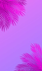 Fototapeta na wymiar Vector vertical pink purple neon background with palm leaves and copy space. Tropical pink leaves on vibrant neon colors backdrop. Concept art, surrealism background. Summer template for text, stories