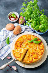 Sliced traditional potato pie.