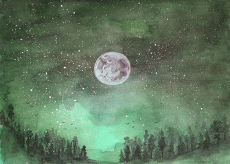 Forest in the fog, hills. Silhouette of flying birds. Moon in starry sky. Hand-drawn, watercolor texture. Green background.