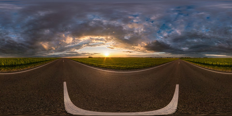 full spherical seamless hdri panorama 360 degrees angle view on asphalt road among fields in summer...