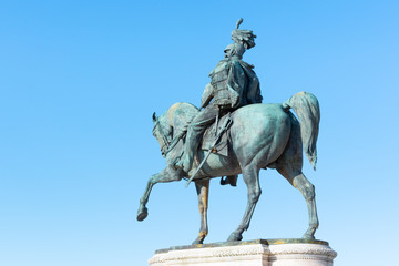Fototapeta na wymiar Equestrian statue of Vittorio Emanuele II - Monument Vittoriano or Altare della Patria. Rome, Italy