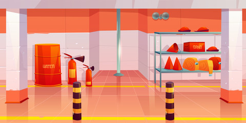 Fire station or garage empty interior, utility room with steel pole, signaling, water barrel, sand box, fire extinguishers, cone buckets, hoses on shelf, room inner design. Cartoon vector illustration