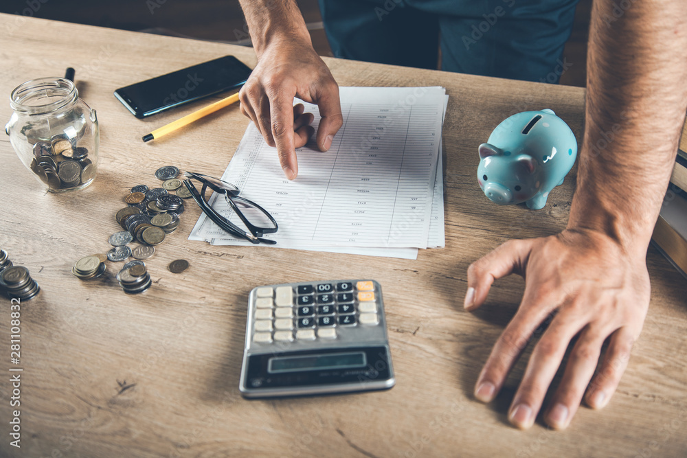 Poster man hand document with piggy bank and calculator