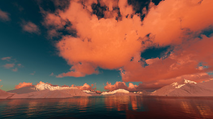 Arctic landscape with stunning sky at sunset