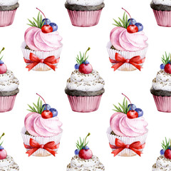  Seamless pattern cupcake with cherries and blueberries and cream