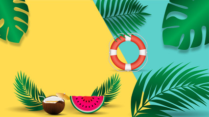 Fototapeta na wymiar Summer blank banner background layout with colorful summer elements. Vector illustration template with empty space for your text.