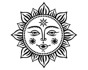 Sun with a human face, graphic black and white drawing in vintage style, vector illustration, image for tattoo. Graphic print for fabric and various designs.