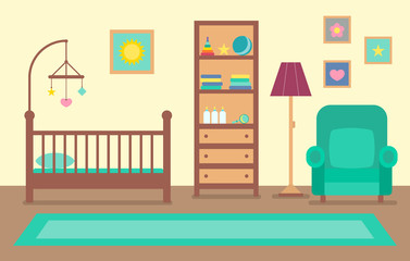 Cartoon Interior Inside Baby Room with Furniture. Vector