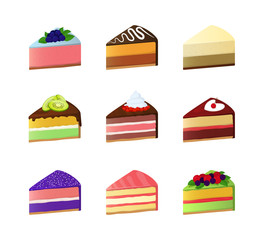 Cartoon Color Sweet Cake Dessert Slice Icon Set. Vector