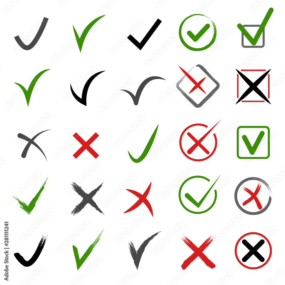 Poster cartoon check mark buttons rejection or confirmation signs icon set. vector