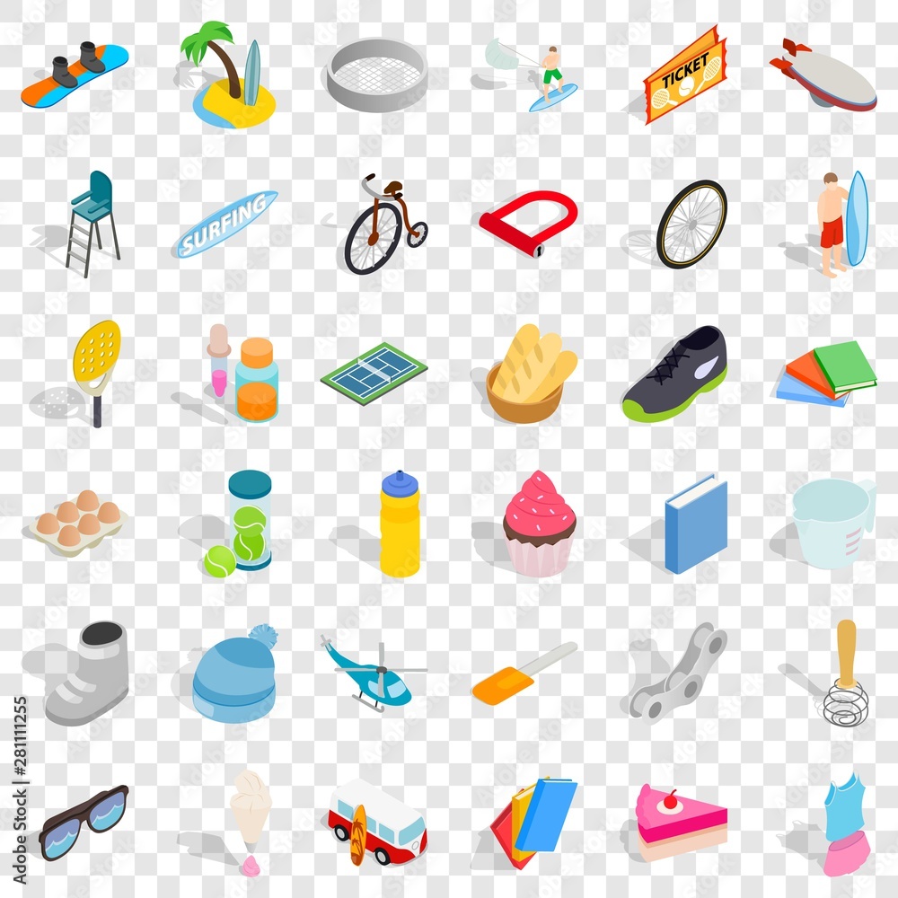 Poster hobby icons set. isometric style of 36 hobby vector icons for web for any design