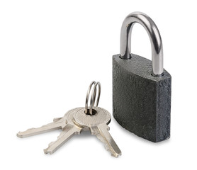 New padlock with keys isolated on white background. Protection, security and access concept.