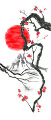 Oriental  traditional sumi-e painting. Fuji mountain, blossom sakura,  sunset. Japan sun. Watercolor and ink illustration