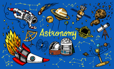 Astronomy background in vintage style. Space and cosmonaut, moon and spaceships, meteorite and stars, planets and observatory. Hand drawn in retro doodle style.