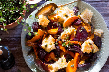 Salad of warm roasted autumn vegetables and bread