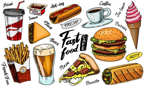 Fast food, burger and hamburger, tacos and hot dog, burrito and beer, drink and ice cream. Vintage Sketch for restaurant menu. Hand drawn in retro style.