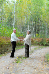 Happy senior couple walking in autumn forest
