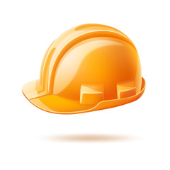 Fototapeta premium Realistic yellow hard hat. 3d helmet for construction workers, engineers and industrial employees. Labour day symbol. Safety helmet for contractors. Bricklayers and masonry equipment.