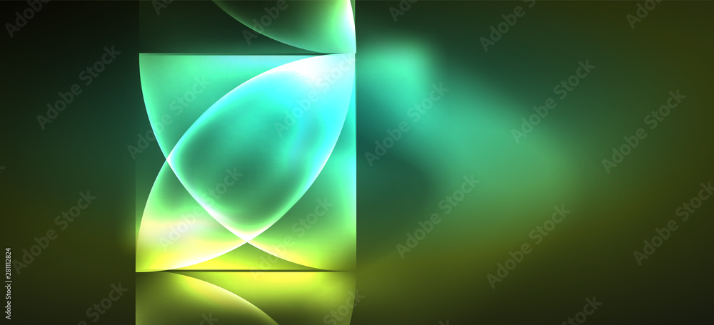 Fototapete techno glowing glass geometric shapes vector background, futuristic dark template with neon light ef
